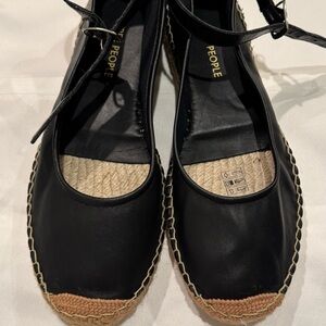 Free People Mason Espadrille Ballet Flats Black Leather Ankle Strap Size US 8.5